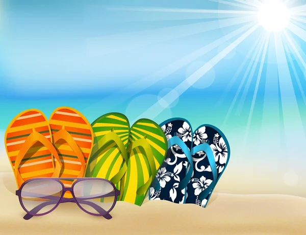 Sandálias de praia de verão chinelos coloridos com óculos de sol —  Vetores de Stock