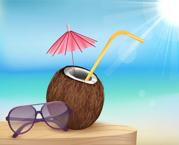 Літній пляж, окуляри з молодим кокосовим горіхом — стоковий вектор