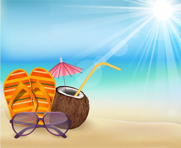 Summer beach, sandals color , young coconut with sunglasses — Stock Vector