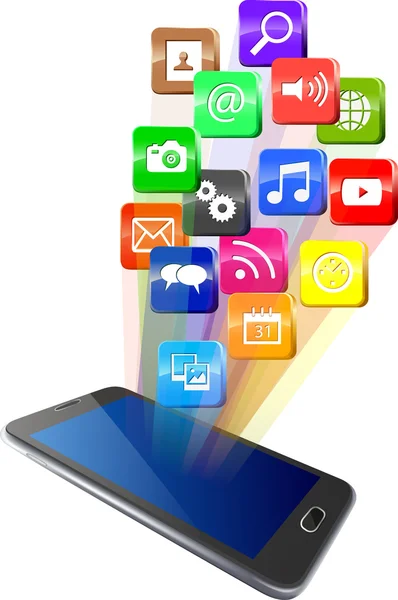 Smartphone de pantalla táctil con nube de iconos de aplicaciones coloridas — Archivo Imágenes Vectoriales