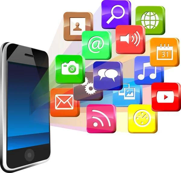 Smartphone de pantalla táctil con nube de iconos de aplicaciones coloridas — Archivo Imágenes Vectoriales