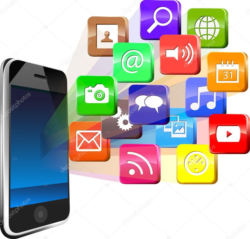 Touchscreen smartphone with cloud of colorful application icons