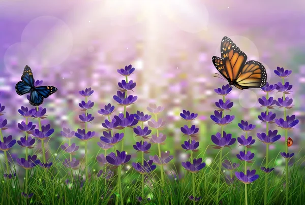 Фиолетовые тюльпаны с росой и бабочками — стоковый вектор