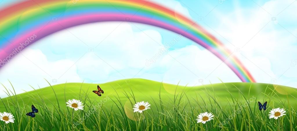 Rainbow and garden background \u2014 Stock Vector © artnovi 84336008