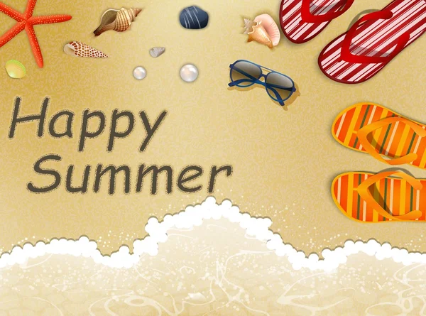 Vacanze estive sulla spiaggia di sabbia gialla con pantofole — Vettoriale Stock