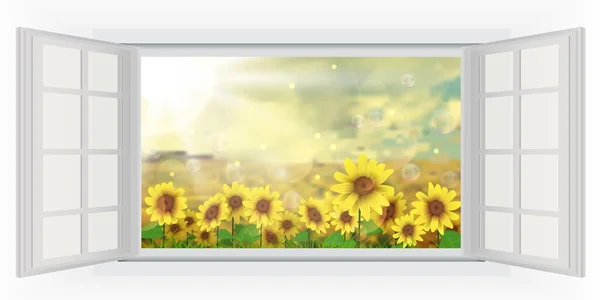 Hermoso verano con girasol de ventana abierta — Vector de stock