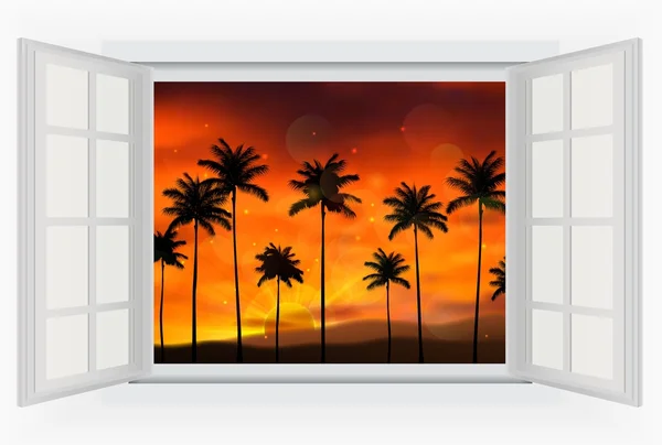 Otevřené okno s palm tree pohled západu slunce — Stockový vektor