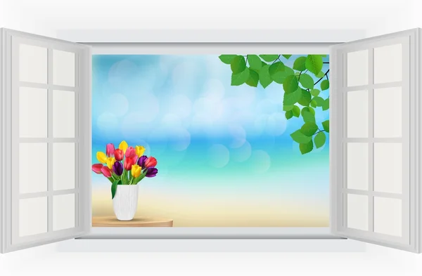 Offenes Fenster mit Tulpenblüten und Blättern in Regenbogenfarben — Stockvektor