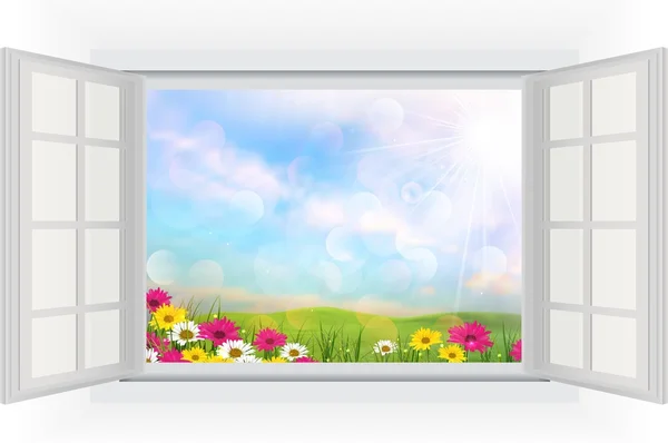 Hermoso verano con flores de ventana abierta — Vector de stock