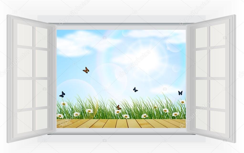 Open window with flowers and butterfly view of summer