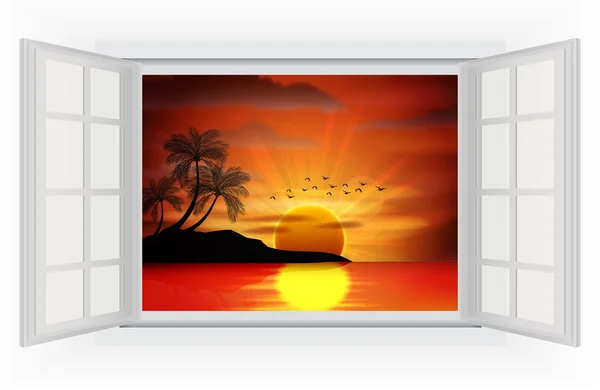 Open window of Photo of sunset on sea — Stock Vector