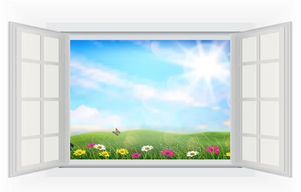 Ventana abierta de hermoso verano con flores — Vector de stock