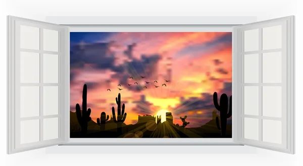 Abre la ventana en la habitación con vista al árbol de cactus cuando se pone el sol — Vector de stock