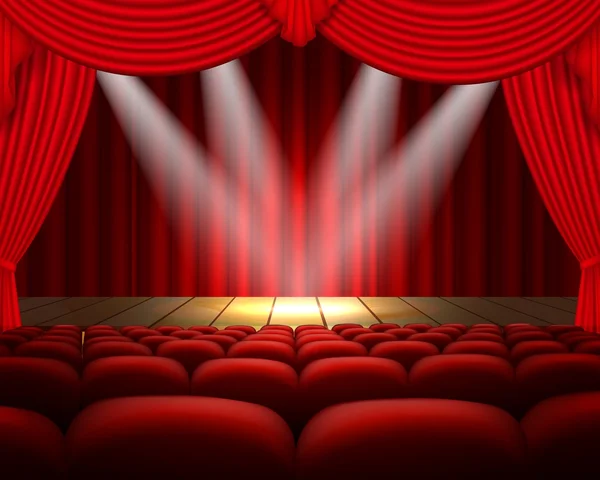 Escenario de teatro con una cortina roja y un foco — Vector de stock