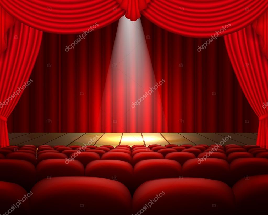 A Theater Stage With A Red Curtain Seats And A Spotlight Stock A Theater Stage With A Red Curtain Seats And A Spotlight Stock