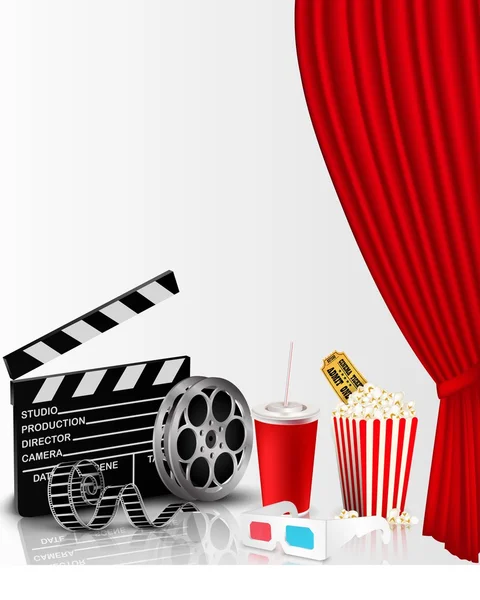 Tenda rossa e film oggetto con popcorn — Vettoriale Stock