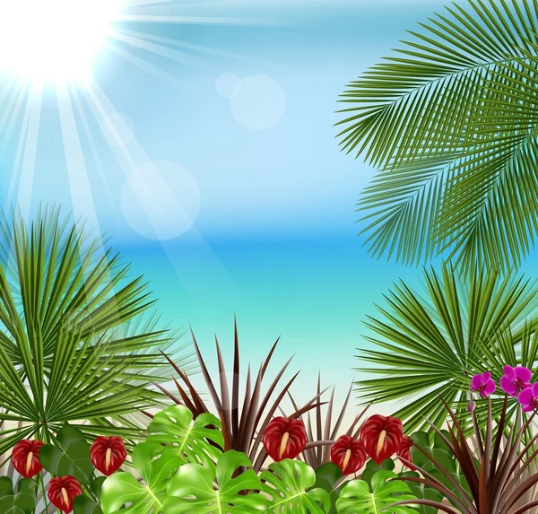Belle tropicale le matin avec un arbre et des fleurs — Image vectorielle