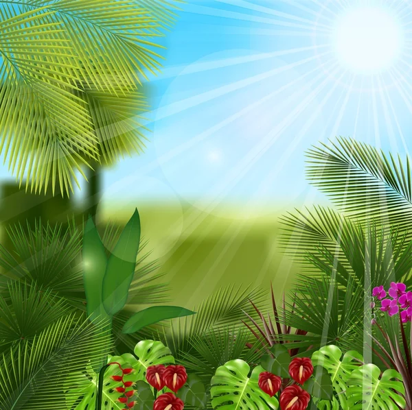 Schöne tropische am Morgen mit einem Baum und Blumen — Stockvektor