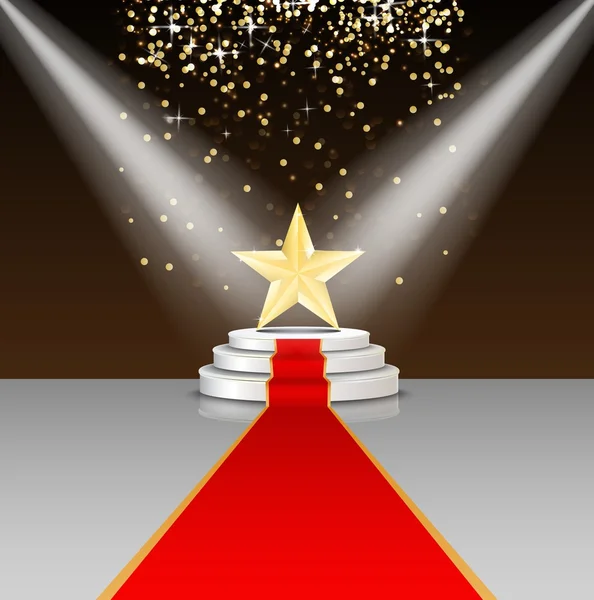 レッド カーペットと茶色の背景に星とステージ表彰台 — ストックベクタ