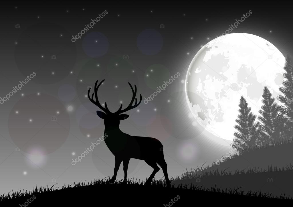 Silhouette of a deer standing on a hill at night with moon