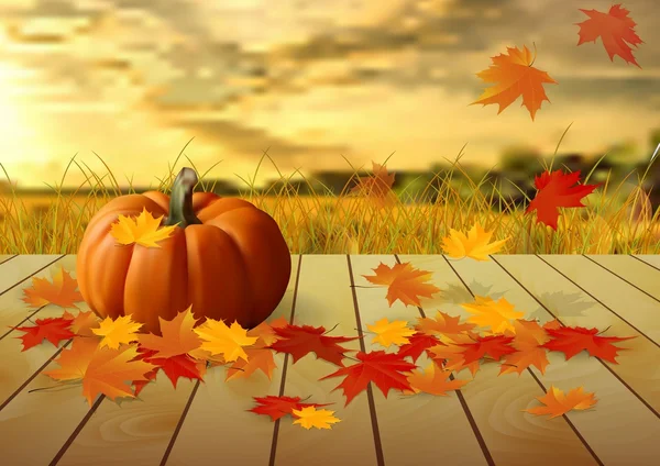 Citrouilles et feuilles d'automne sur une table en bois sur un fond de champ — Image vectorielle