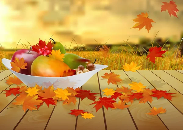 Fruits et feuilles d'automne sur une assiette sur une table en bois — Image vectorielle