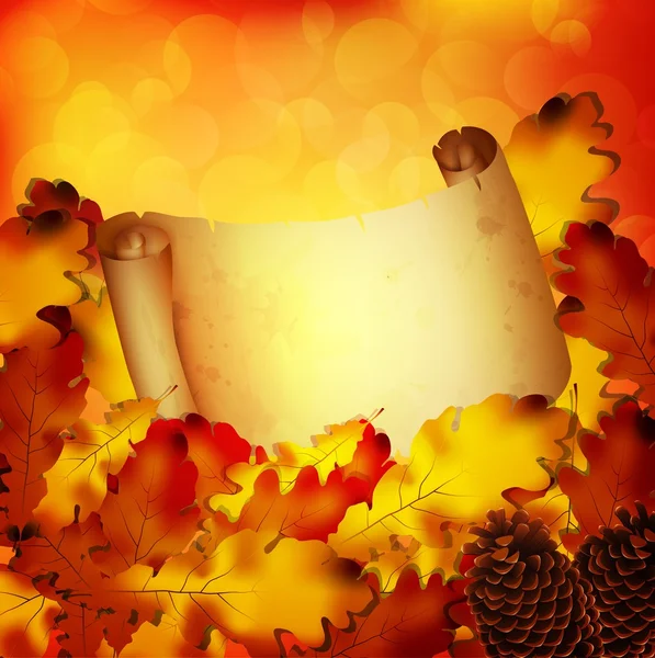 Fundo de outono com folhas e um papel — Vetor de Stock