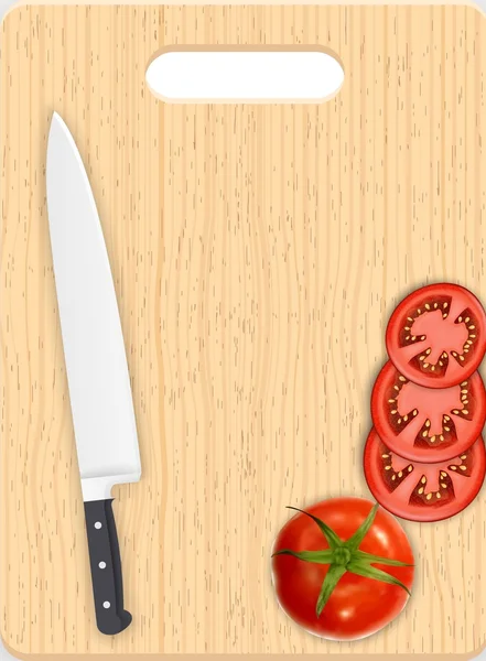 Красные томатные ломтики и нож на доске — стоковый вектор