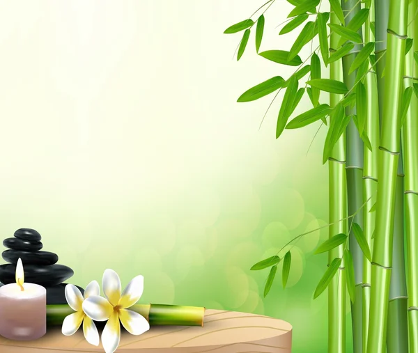 Бамбук, камень, цветы и воск на столе — стоковый вектор