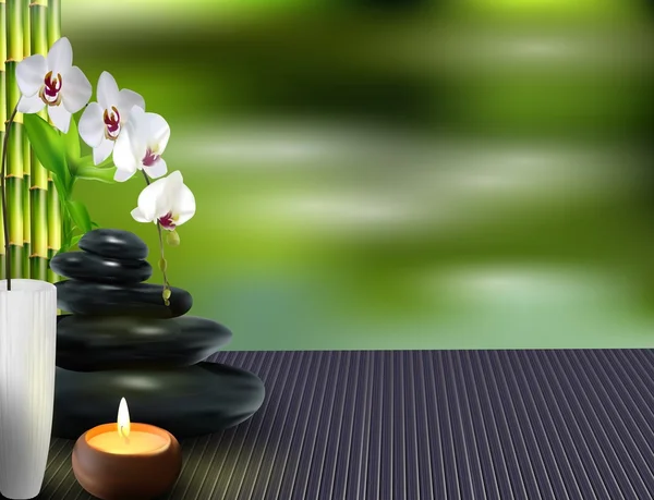 Taş, çiçek ve bambu masa arka plan üzerinde — Stok Vektör