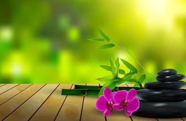 Taş, çiçek, mum ve bambu ahşap arka plan üzerinde — Stok Vektör