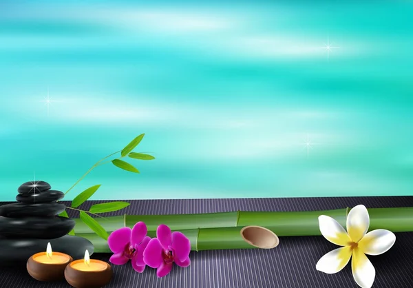 Taş, mum, çiçek ve bambu mavi deniz arka plan — Stok Vektör
