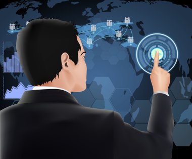Sanal ekranlarda temas sağlayan iş adamı düğmesine basıyor