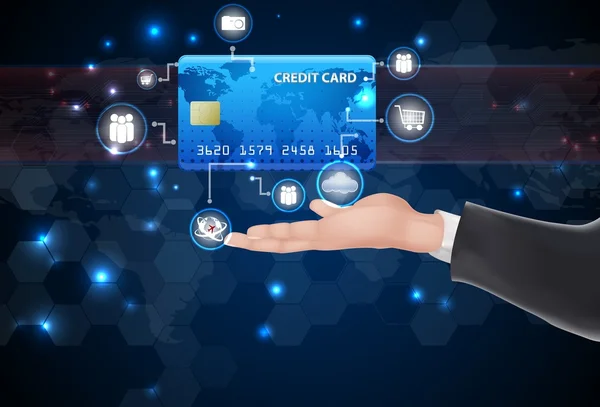 Mann hält Kreditkarte und Symbol in der Hand — Stockvektor