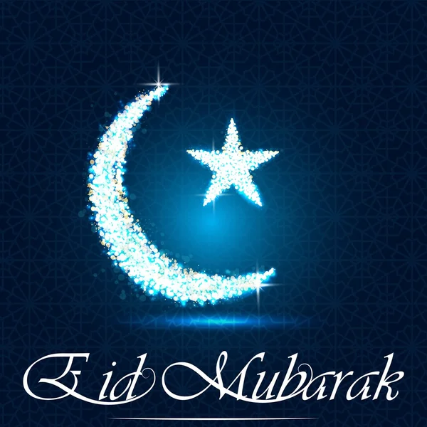Splendente luna crescente e stella su sfondo nero e blu per il mese sacro del Ramadan Kareem — Vettoriale Stock