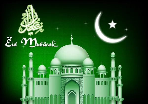 Eid Mubarak měsíc a hvězda pozadí s mešitou — Stockový vektor