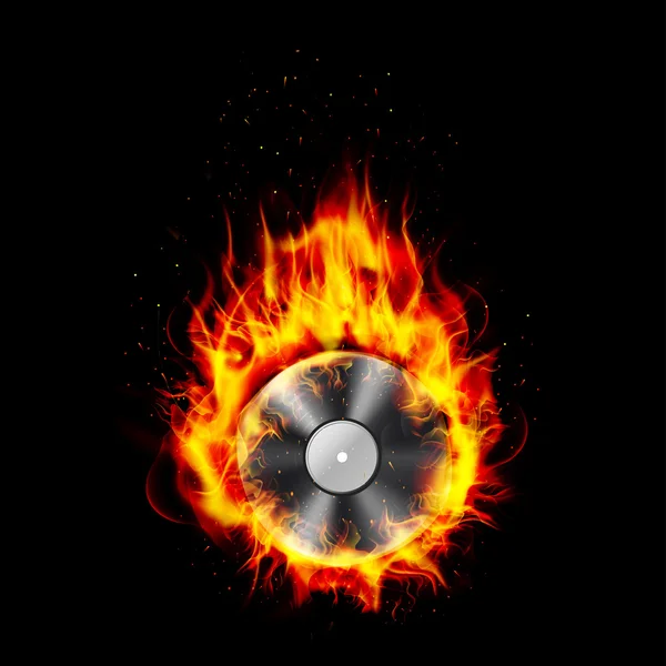 Fuego quemando CD fondo negro — Vector de stock