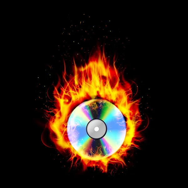 Fuego quemando CD fondo negro — Vector de stock