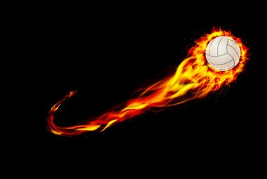 Siyah arka plan ile voleybol yanan ateş
