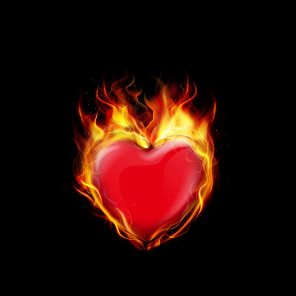 Fuego quemando un corazón sobre fondo negro — Vector de stock