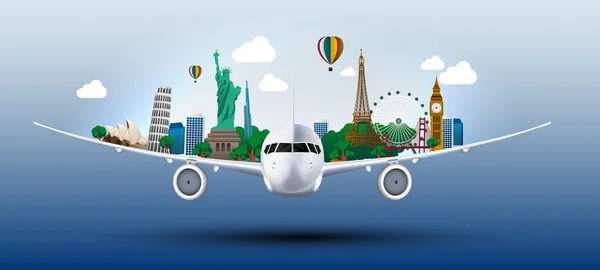 Η έννοια ταξίδια στον κόσμο σχετικά με τα αεροπλάνα — Διανυσματικό Αρχείο