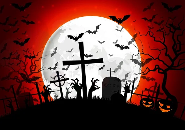 Halloween sírja, a telihold háttér tök kéz és a denevérek — Stock Vector