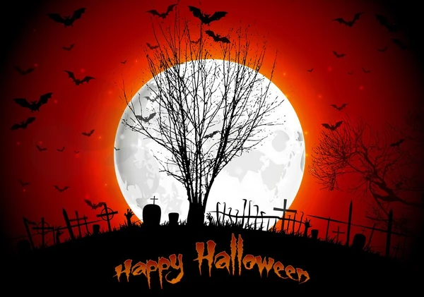 Halloween grave on full moon background tree hand and bats — Stock Vector