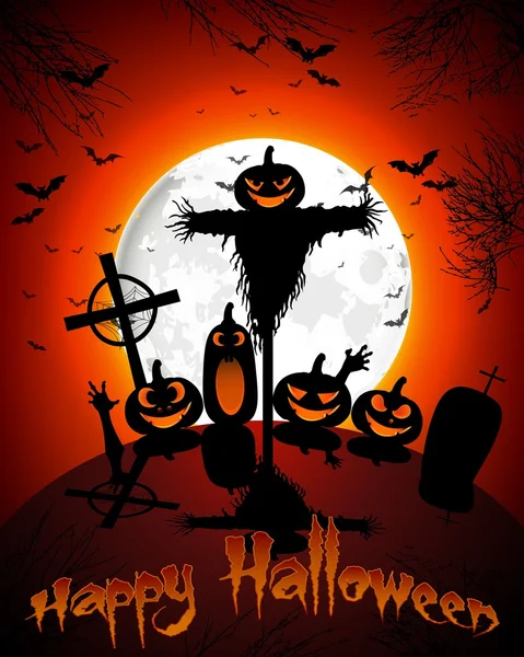 Halloween grave on full moon background pumpkins devil hand and bats — Stock Vector