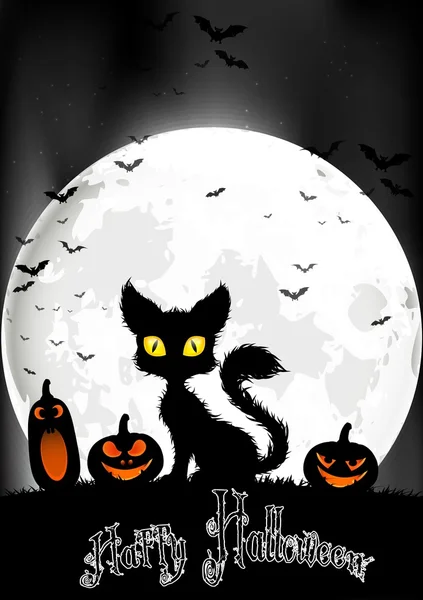 Halloween background with cat and pumpkins on the full moon — Stock Vector