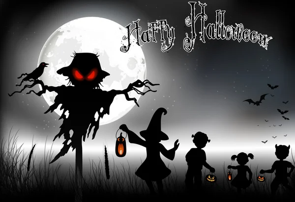Fondo de Halloween con fantasma y niñas en la luna llena — Vector de stock