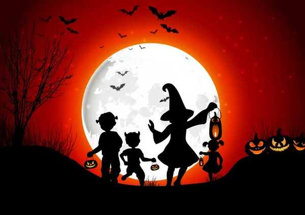 Хэллоуин фон маленькие девочки с тыквами в полнолуние — стоковый вектор
