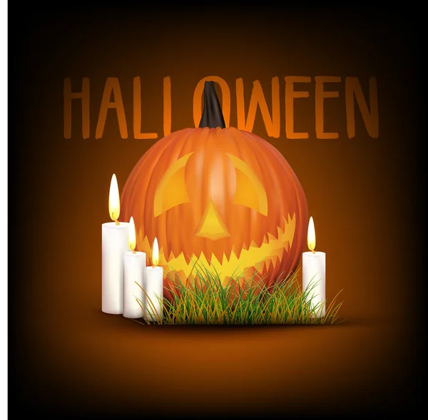 Хэллоуин фон с тыквой со свечами и травой — стоковый вектор