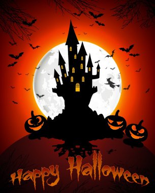 Cadılar Bayramı mezarına dolunay arka plan pumpkins, el, korku evi ve yarasalar