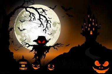 Hayalet, korku evi ve kabaklar dolunay üzerinde Halloween arka plan